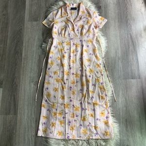 Vintage floral maxi dress pastel button front cottagecore S/M